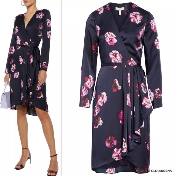 Joie Dresses & Skirts - [NWT] Joie Navy Pink Floral Print Silky Satin Wrap Long Sleeve Midi Dress - Sz S